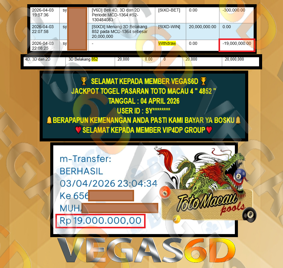 VEGAS6D JACKPOT TOGEL PASARAN TOTO MACAU 4 ” 4852 ” Rp.19.000.000,- LUNAS