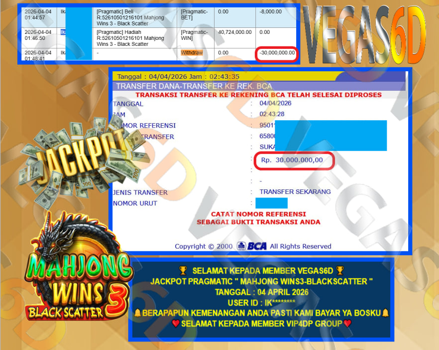 VEGAS6D JACKPOT PRAGMATIC ” MAHJONG WINS3-BLACKSCATTER ” Rp.30.000.000,- LUNAS