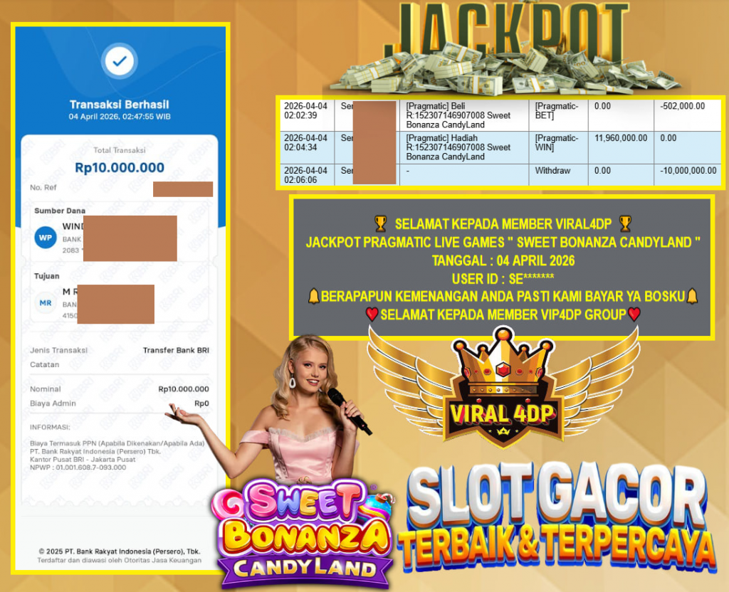 VIRAL4DP JACKPOT PRAGMATIC LIVE GAMES ” SWEET BONANZA CANDYLAND ” Rp.10.000.000,- LUNAS
