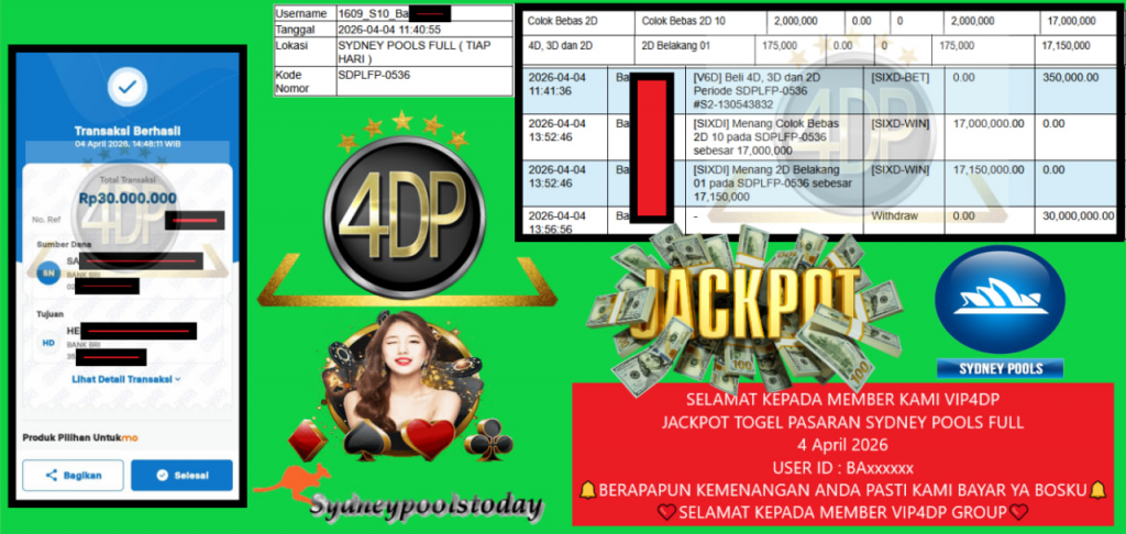 VIP4DP JACKPOT TOGEL PASARAN SYDNEY POOLS FULL Rp.30.000.000,- LUNAS