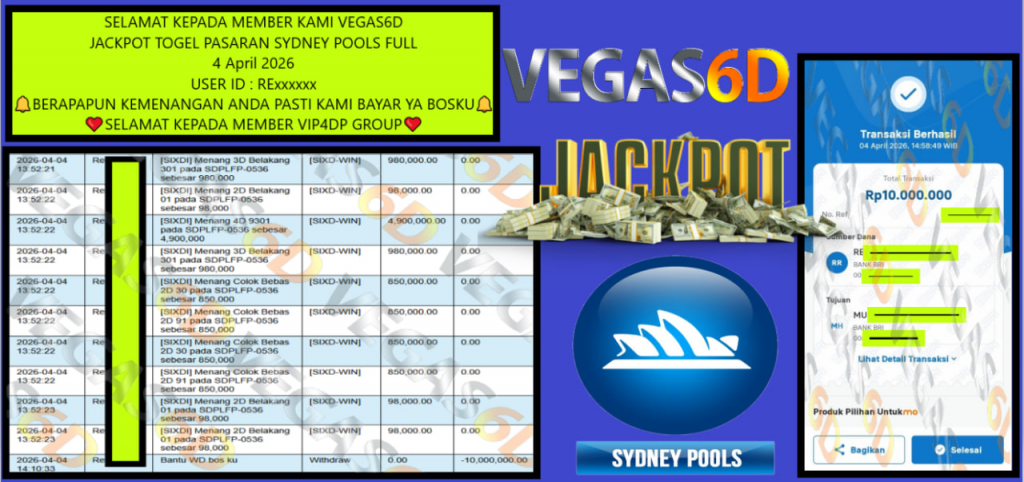 VEGAS6D JACKPOT TOGEL PASARAN SYDNEY POOLS FULL Rp.10.000.000,- LUNAS