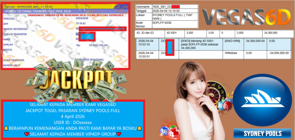 VEGAS6D JACKPOT TOGEL PASARAN SYDNEY POOLS FULL Rp.34.000.000,- LUNAS