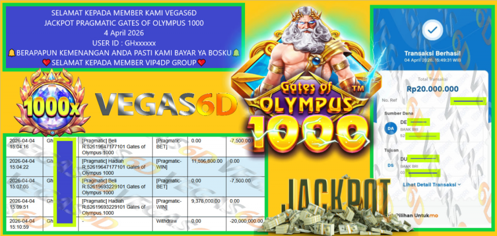 VEGAS6D JACKPOT PRAGMATIC GATES OF OLYMPUS 1000 Rp.20.000.000,- LUNAS