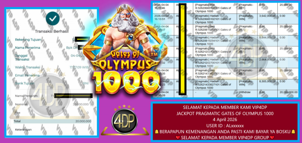 VIP4DP JACKPOT PRAGMATIC GATES OF OLYMPUS 1000 Rp.20.000.000,- LUNAS