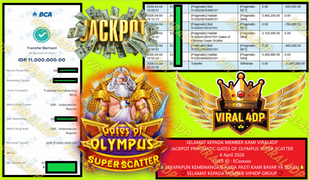 VIRAL4DP JACKPOT PRAGMATIC GATES OF OLYMPUS SUPER SCATTER Rp.11.000.000,- LUNAS