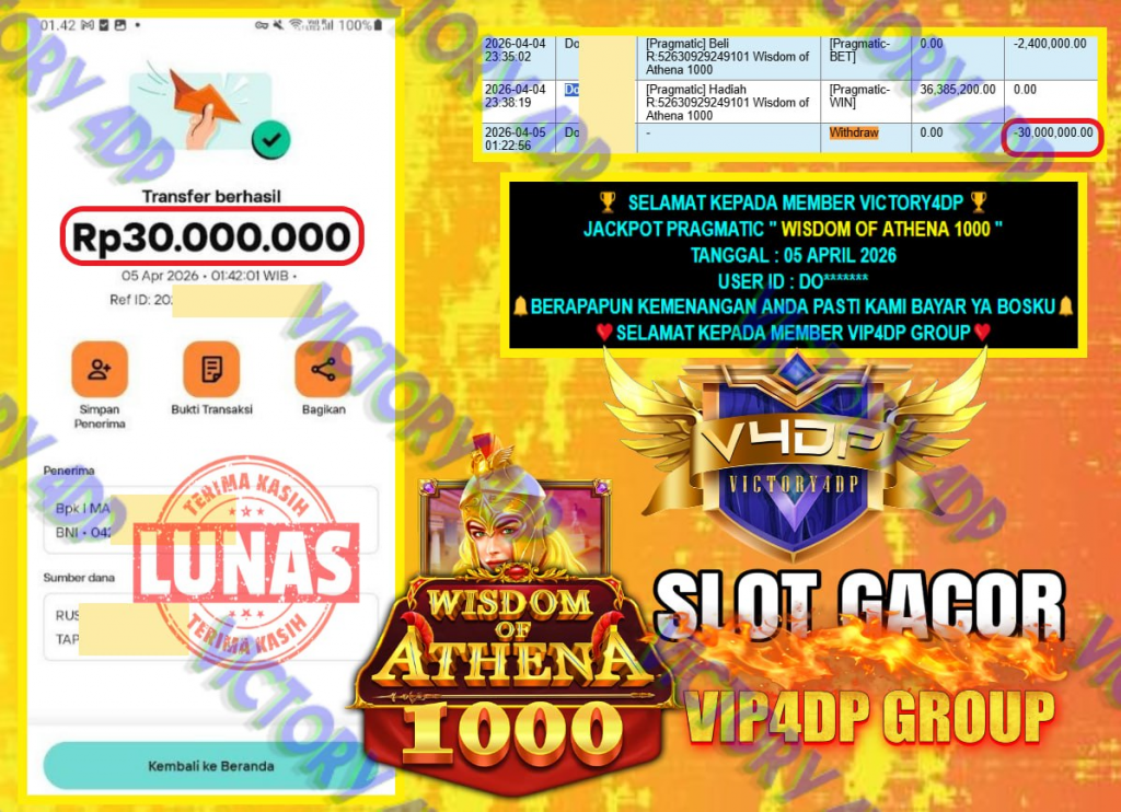 VICTORY4DP JACKPOT PRAGMATIC ” WISDOM OF ATHENA 1000 ” Rp.30.000.000,- LUNAS