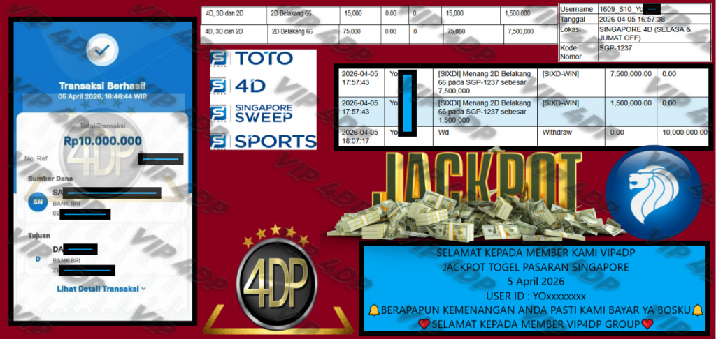 VIP4DP JACKPOT TOGEL PASARAN SINGAPORE Rp.10.000.000,- LUNAS