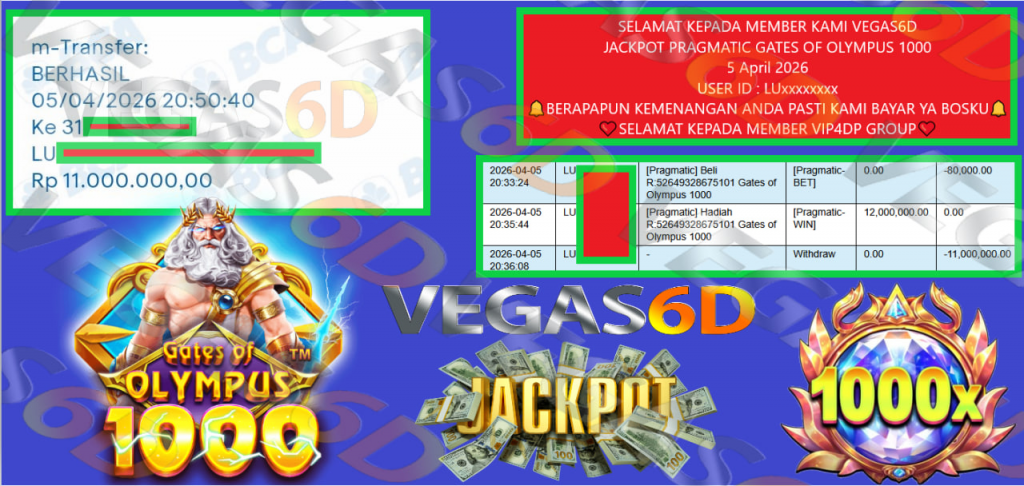 VEGAS6D JACKPOT PRAGMATIC GATES OF OLYMPUS 1000 Rp.11.000.000,- LUNAS