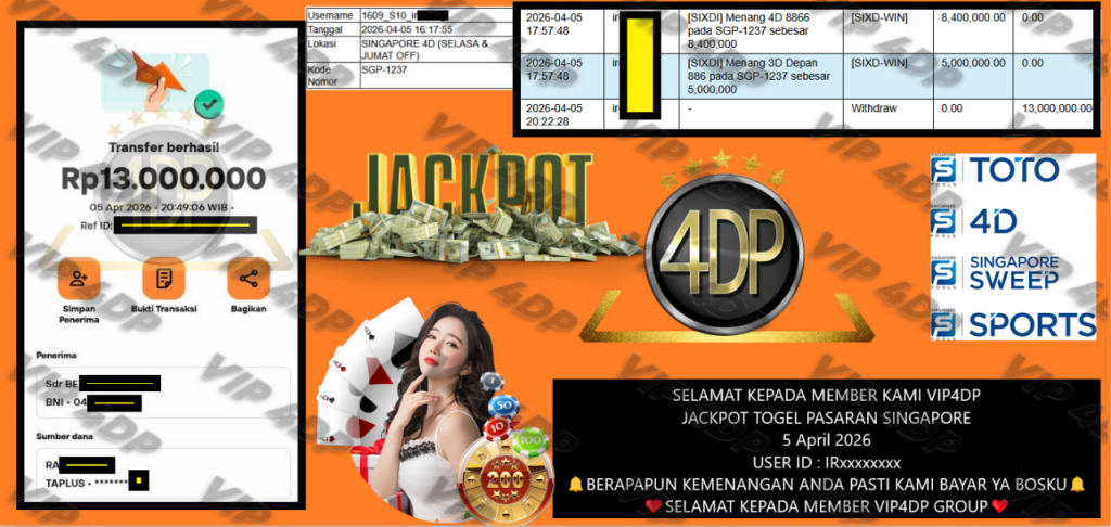 VIP4DP JACKPOT TOGEL PASARAN SINGAPORE Rp.13.000.000,- LUNAS