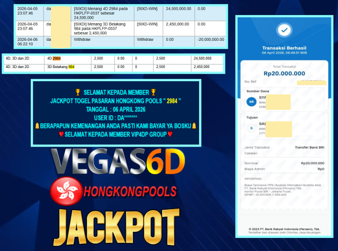 VEGAS6D JACKPOT TOGEL PASARAN HONGKONG POOLS ” 2984 ” Rp.20.000.000,- LUNAS