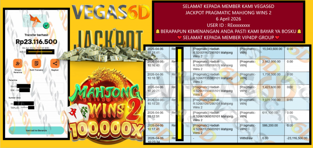 VEGAS6D JACKPOT PRAGMATIC MAHJONG WINS 2 Rp.23.116.500,- LUNAS