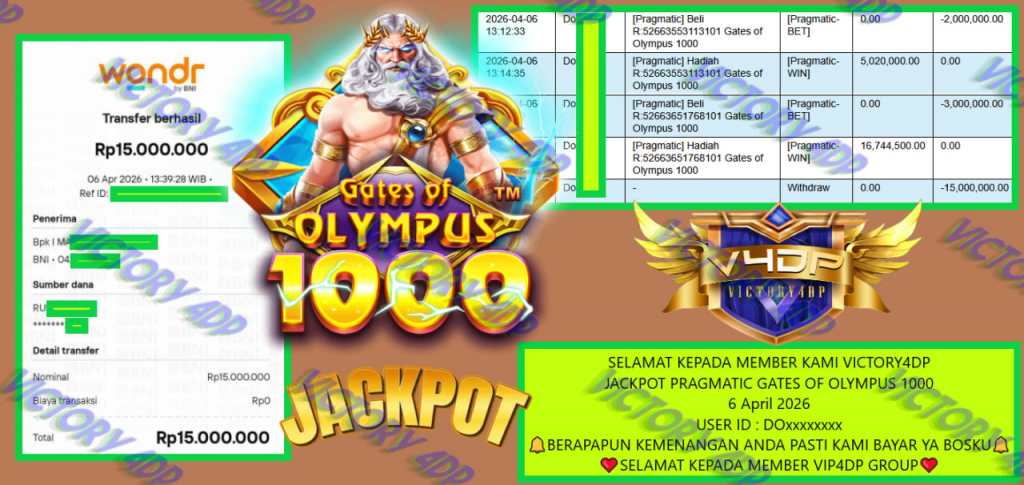 VICTORY4DP JACKPOT PRAGMATIC GATES OF OLYMPUS 1000 Rp.15.000.000,- LUNAS