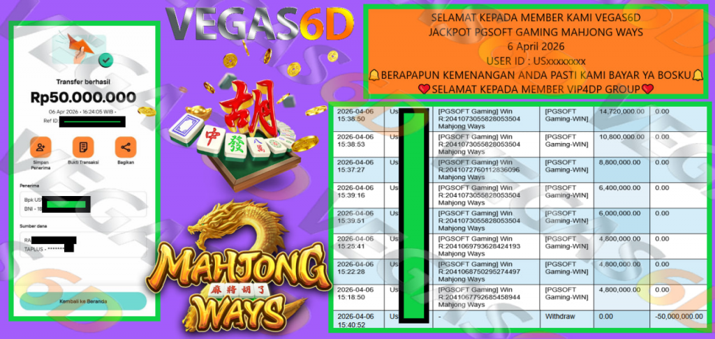 VEGAS6D JACKPOT PGSOFT GAMING MAHJONG WAYS Rp.50.000.000,- LUNAS
