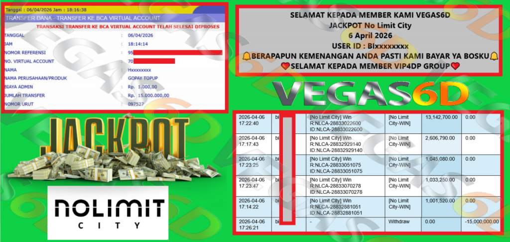 VEGAS6D JACKPOT No Limit City Rp15.000.000,- LUNAS