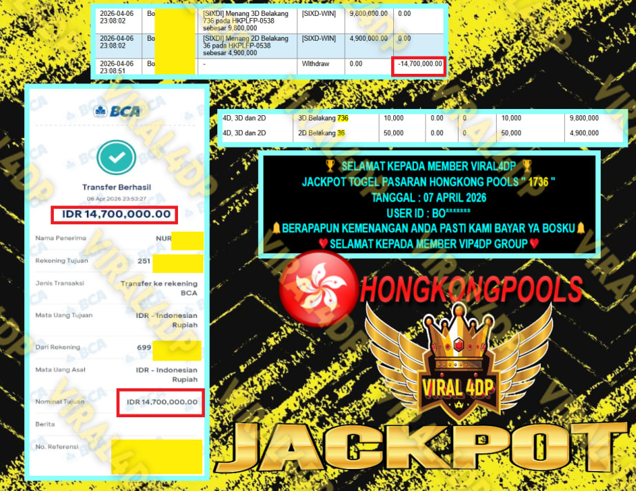 VIRAL4DP JACKPOT TOGEL PASARAN HONGKONG POOLS ” 1736 ” Rp.14.700.000,- LUNAS