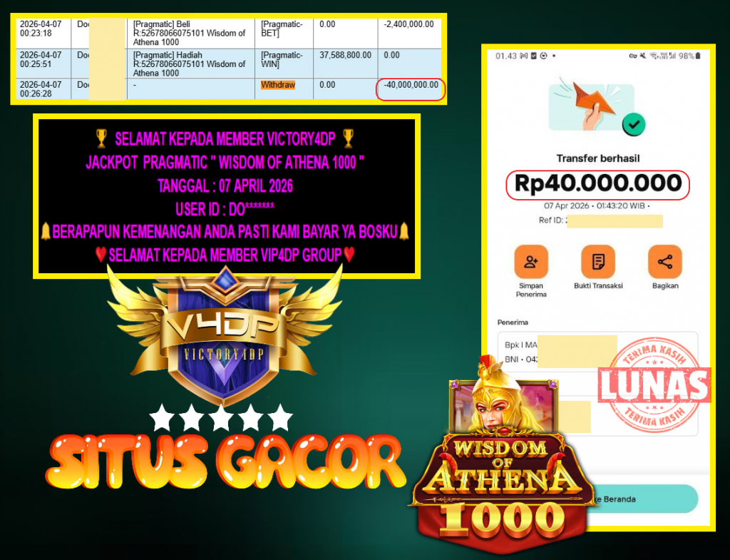 VICTORY4DP JACKPOT PRAGMATIC ” WISDOM OF ATHENA 1000 ” Rp.40.000.000,- LUNAS