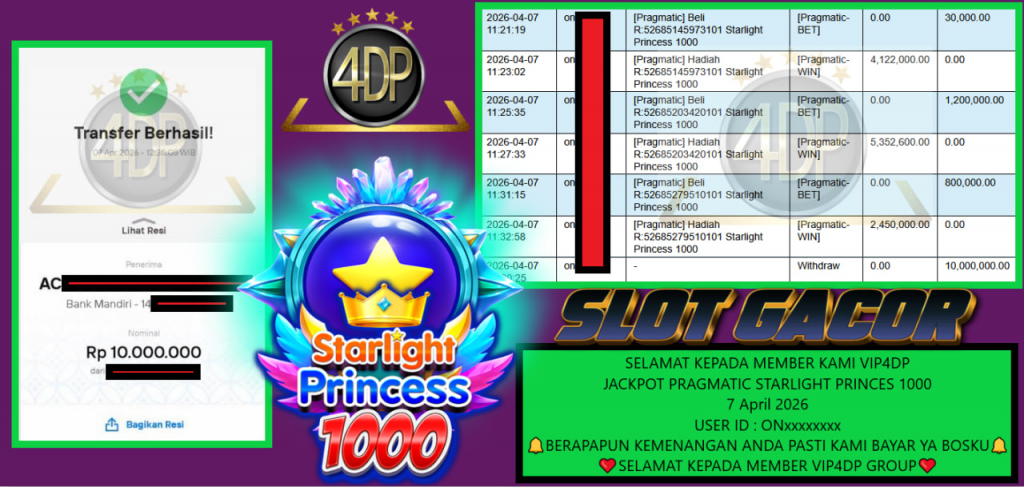 VIP4DP JACKPOT PRAGMATIC STARLIGHT PRINCES 1000 Rp 10.000.000,- LUNAS