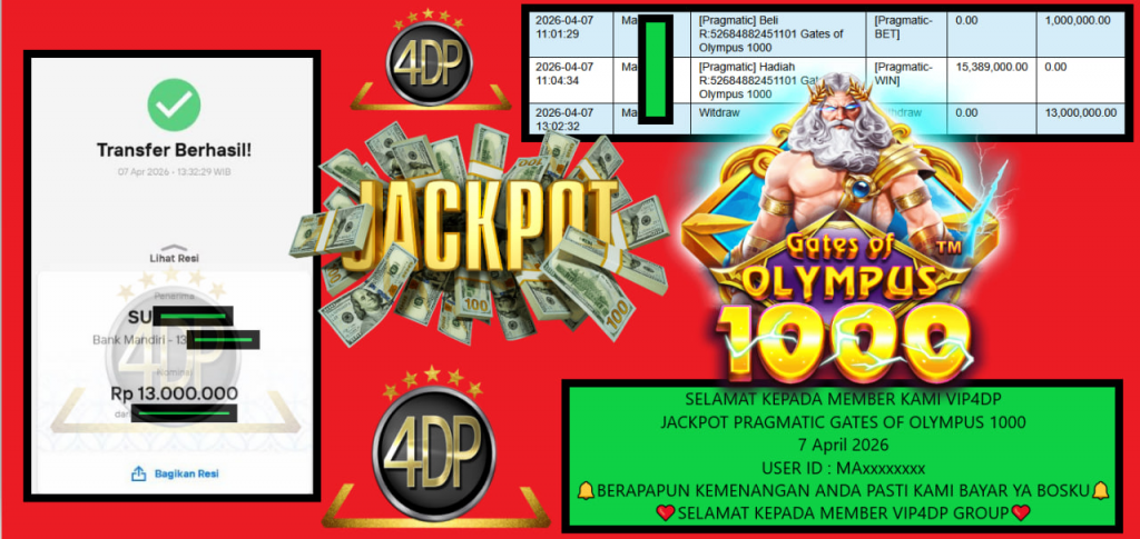 VIP4DP JACKPOT PRAGMATIC GATES OF OLYMPUS 1000 Rp 13.000.000,- LUNAS