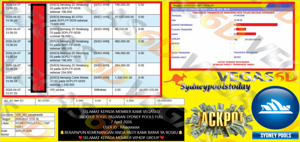 VEGAS6D JACKPOT TOGEL PASARAN SYDNEY POOLS FULL Rp 24.000.000,- LUNAS