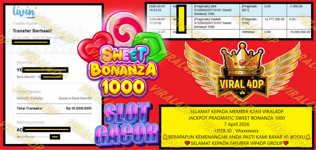 VIRAL4DP JACKPOT PRAGMATIC SWEET BONANZA 1000 Rp 15.000.000,- LUNAS