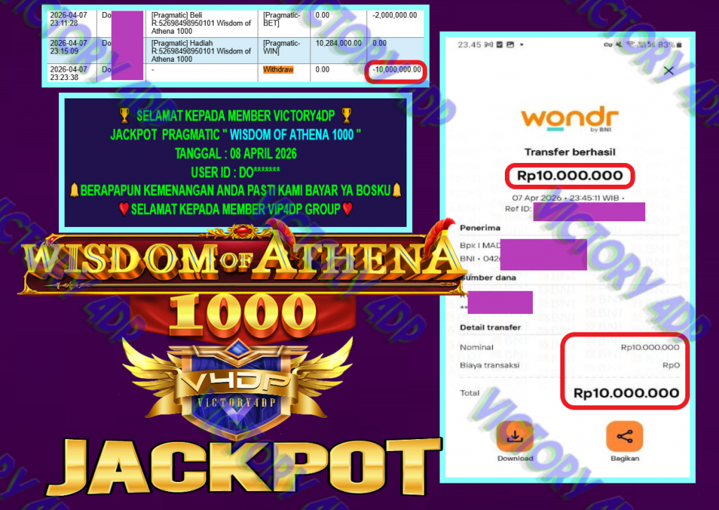 VICTORY4DP JACKPOT PRAGMATIC ” WISDOM OF ATHENA 1000 ” Rp.10.000.000,- LUNAS