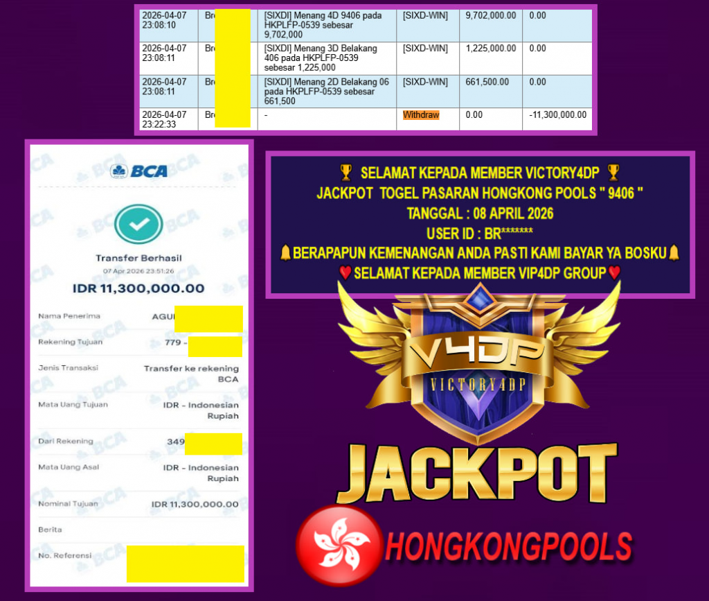 VICTORY4DP JACKPOT TOGEL PASARAN HONGKONG POOLS ” 9406 ” Rp.11.300.000,- LUNAS