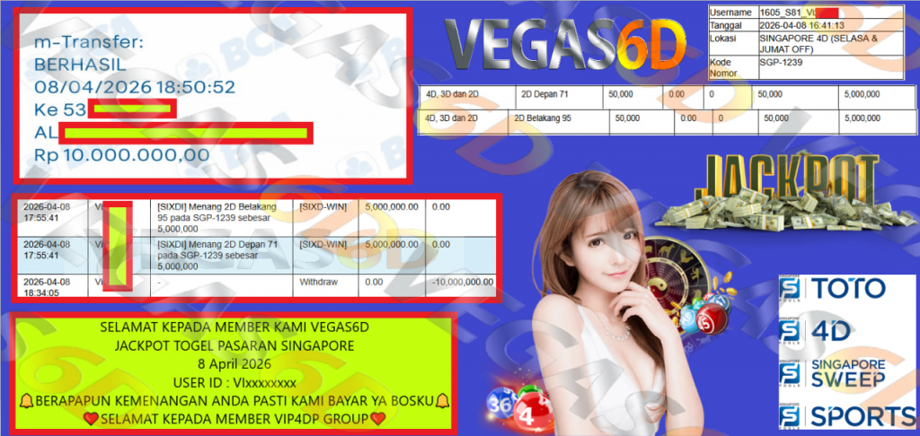VEGAS6D JACKPOT TOGEL PASARAN SINGAPORE Rp 10.000.000,- LUNAS