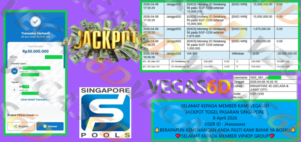 VEGAS6D JACKPOT TOGEL PASARAN SINGAPORE Rp 30.000.000,- LUNAS