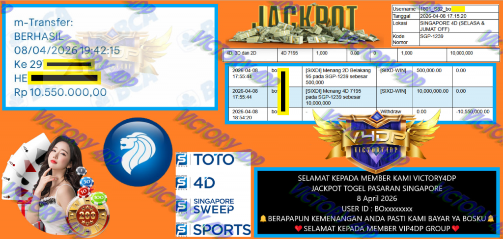 VICTORY4DP JACKPOT TOGEL PASARAN SINGAPORE Rp 10.550.000,- LUNAS