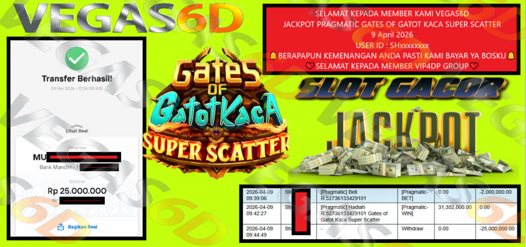 VEGAS6D JACKPOT PRAGMATIC GATES OF GATOT KACA SUPER SCATTER Rp 25.000.000,- LUNAS