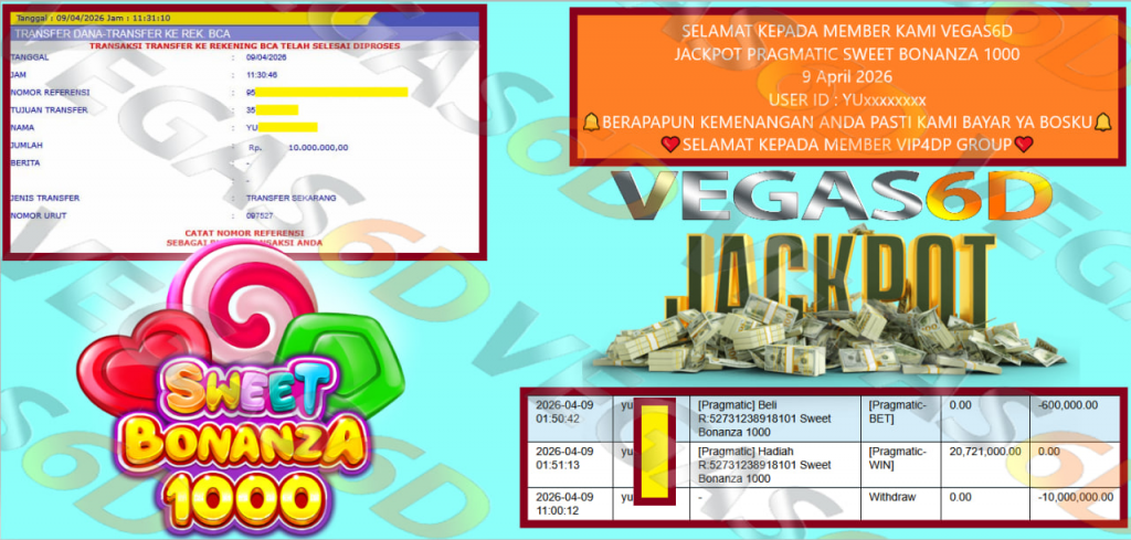 VEGAS6D JACKPOT PRAGMATIC SWEET BONANZA 1000 Rp 10.000.000,- LUNAS