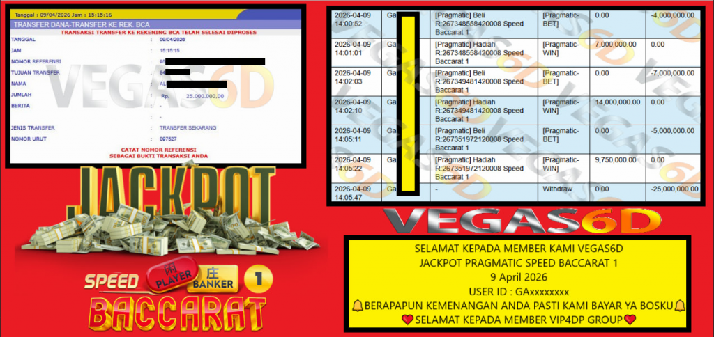 VEGAS6D JACKPOT PRAGMATIC SPEED BACCARAT 1 Rp 25.000.000,- LUNAS
