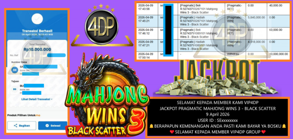 VIP4DP JACKPOT PRAGMATIC MAHJONG WINS 3 – BLACK SCATTER Rp 10.000.000,- LUNAS