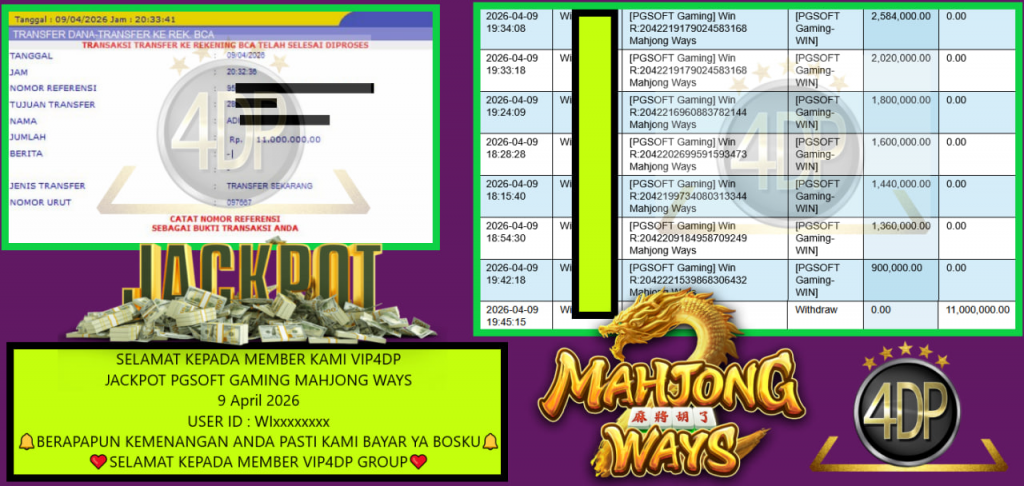 VIP4DP JACKPOT PGSOFT GAMING MAHJONG WAYS Rp 11.000.000,- LUNAS