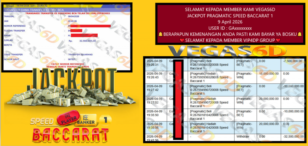 VEGAS6D JACKPOT PRAGMATIC SPEED BACCARAT 1 Rp 32.500.000,- LUNAS