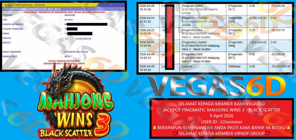 VEGAS6D JACKPOT PRAGMATIC MAHJONG WINS 3 – BLACK SCATTER Rp 10.400.000,- LUNAS