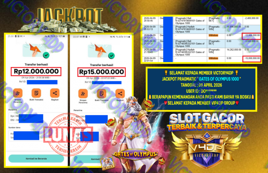 VICTORY4DP JACKPOT PRAGMATIC ” GATES OF OLYMPUS 1000 ” Rp.27.000.000,- LUNAS