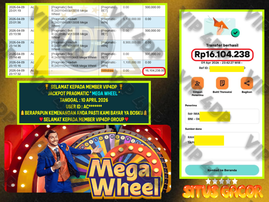 VIP4DP JACKPOT PRAGMATIC ” MEGA WHEEL ” Rp.16.104.238,- LUNAS