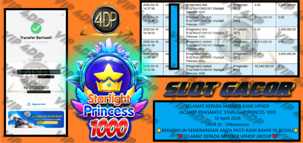 VIP4DP JACKPOT PRAGMATIC STARLIGHT PRINCES 1000 Rp 27.100.000,- LUNAS