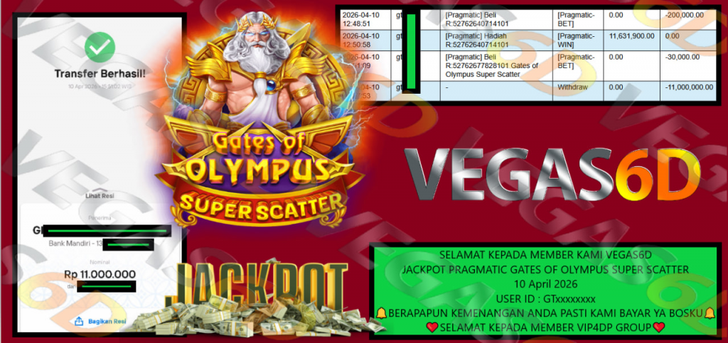 VEGAS6D JACKPOT PRAGMATIC GATES OF OLYMPUS SUPER SCATTER Rp 11.000.000,- LUNAS