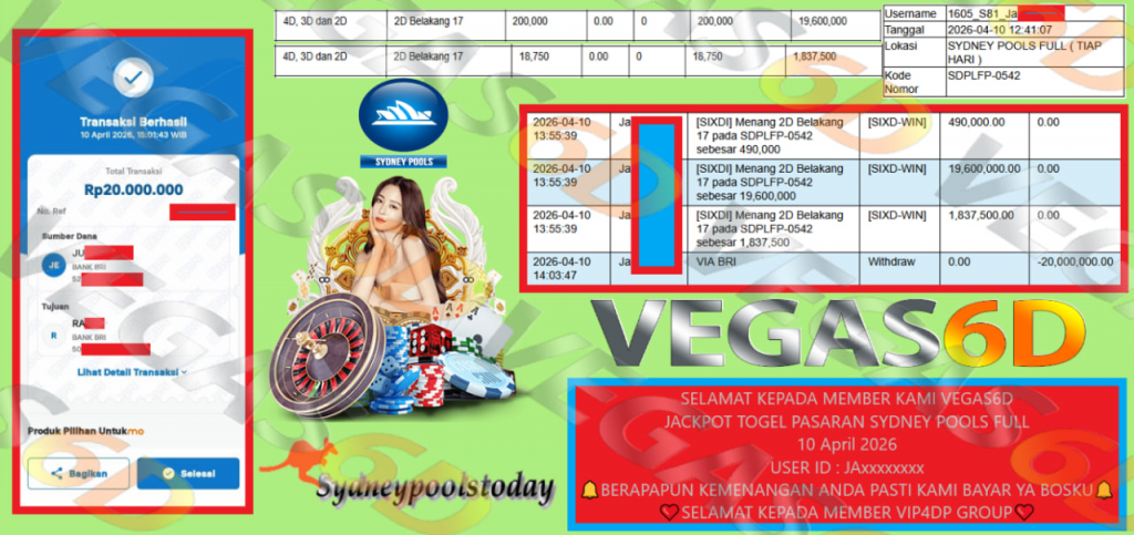 VEGAS6D JACKPOT TOGEL PASARAN SYDNEY POOLS FULL Rp 20.000.000,- LUNAS