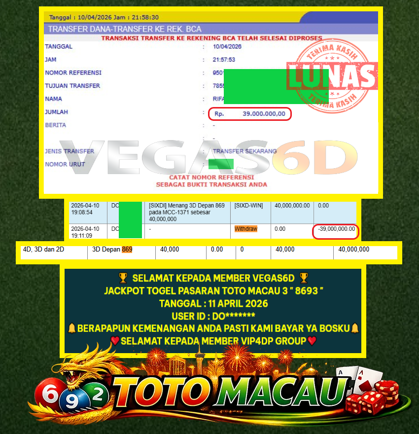 VEGAS6D JACKPOT TOGEL PASARAN TOTO MACAU 3 ” 8693 Rp.39.000.000,- LUNAS