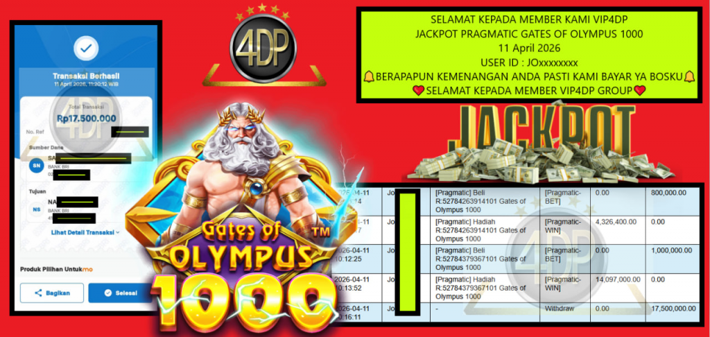 VIP4DP JACKPOT PRAGMATIC GATES OF OLYMPUS 1000 Rp 17.500.000,- LUNAS