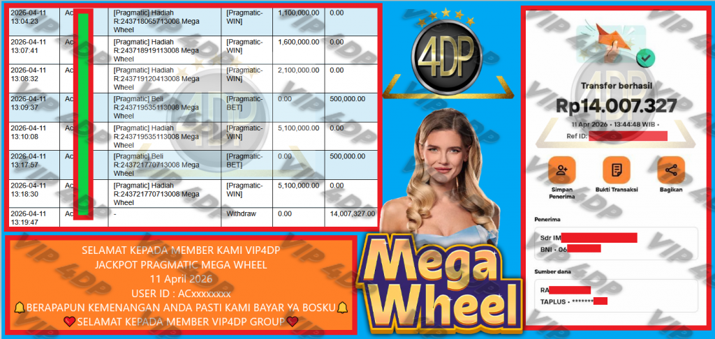 VIP4DP JACKPOT PRAGMATIC MEGA WHEEL Rp 14.007.327,- LUNAS