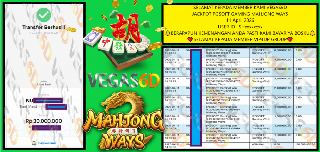 VEGAS6D JACKPOT PGSOFT GAMING MAHJONG WAYS Rp 30.000.000,- LUNAS
