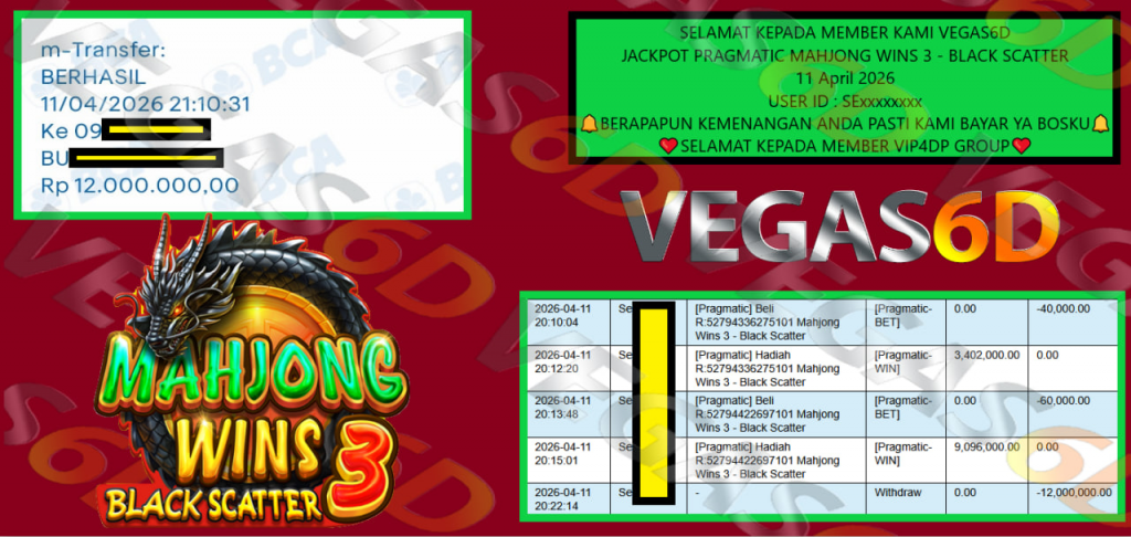 VEGAS6D JACKPOT PRAGMATIC MAHJONG WINS 3 – BLACK SCATTER Rp 12.000.000,- LUNAS