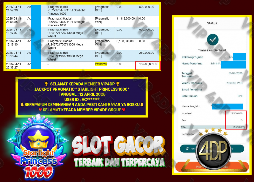 VIP4DP JACKPOT PRAGMATIC ” STARLIGHT PRINCESS 1000 ” Rp.13.500.859,- LUNAS