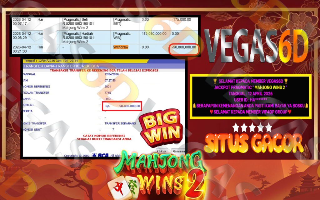 VEGAS6D JACKPOT PRAGMATIC MAHJONG WINS 2 Rp.200.000.000,- LUNAS