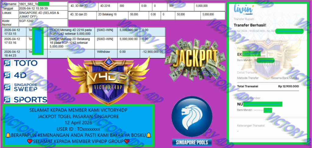 VICTORY4DP JACKPOT TOGEL PASARAN SINGAPORE Rp 12.900.000,- LUNAS