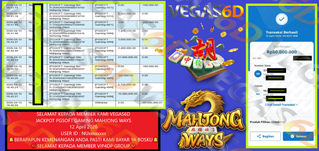 VEGAS6D JACKPOT PGSOFT GAMING MAHJONG WAYS Rp 50.000.000,- LUNAS